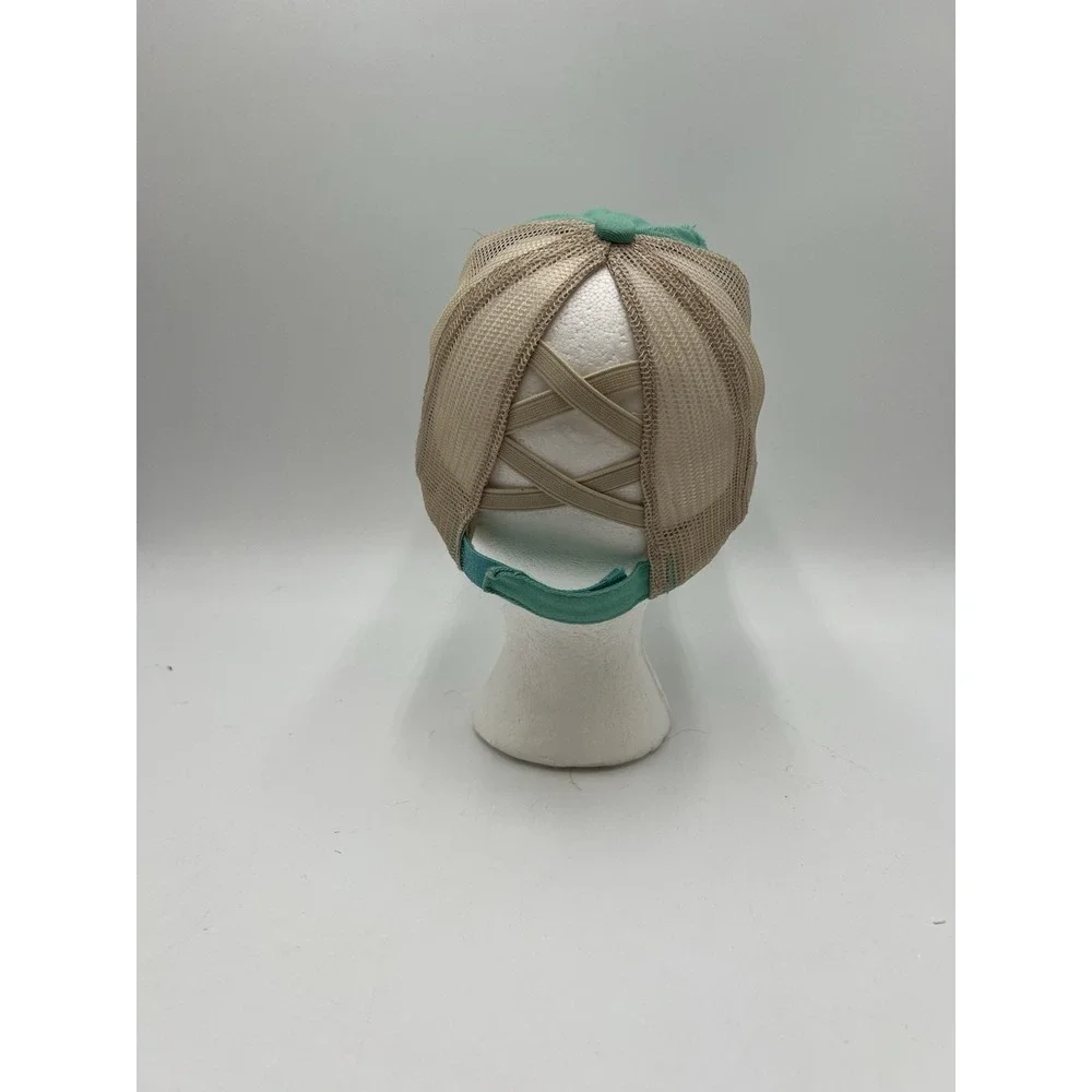Distressed Ponytail Trucker Hat Criss Cross Messy Bun Mint Green Tan Mesh Cap